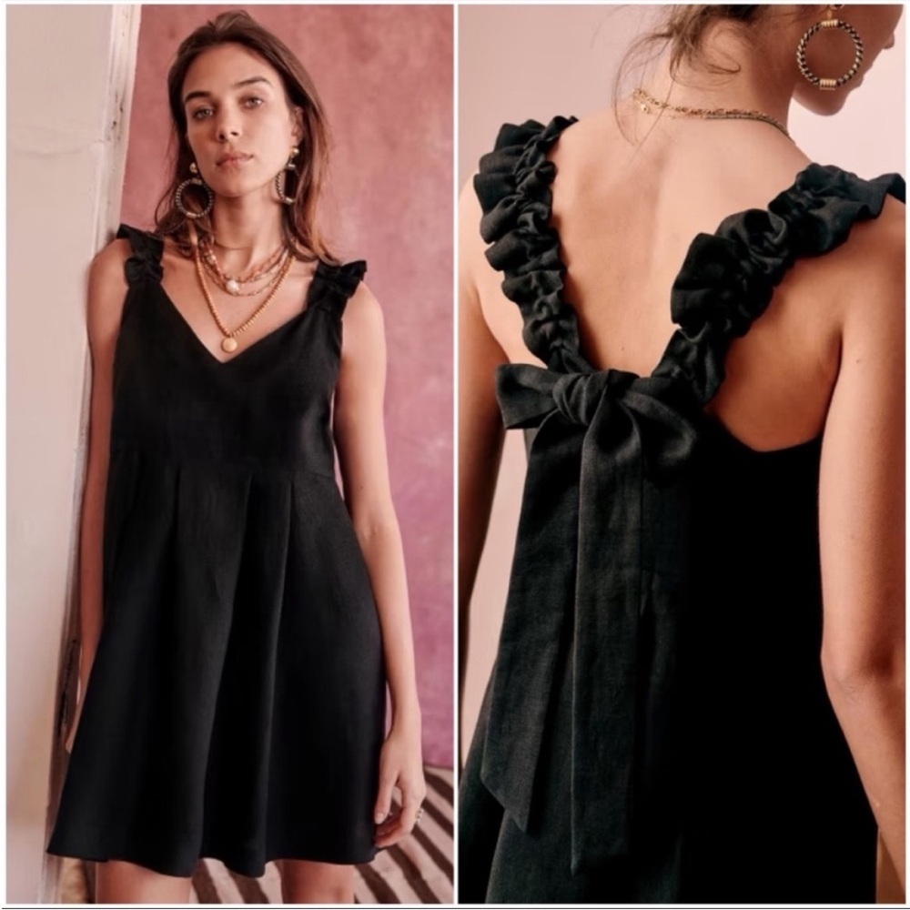 Sézane Lizon Dress Noir Black Linen Mini Dress Size 38 (US 6) NWT